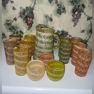 Vintage 1950’s  Color Craft Spaghetti String 15 Piece Drinking Glasses + Pitcher